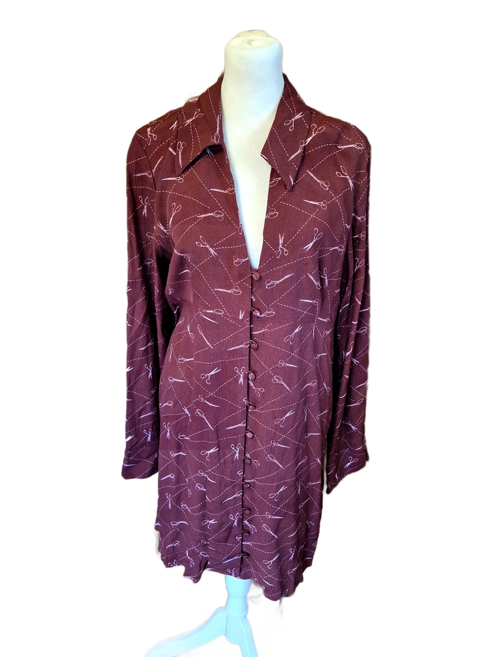 Modcloth Maroon Button-Down Shirt Dress with Scissors Print